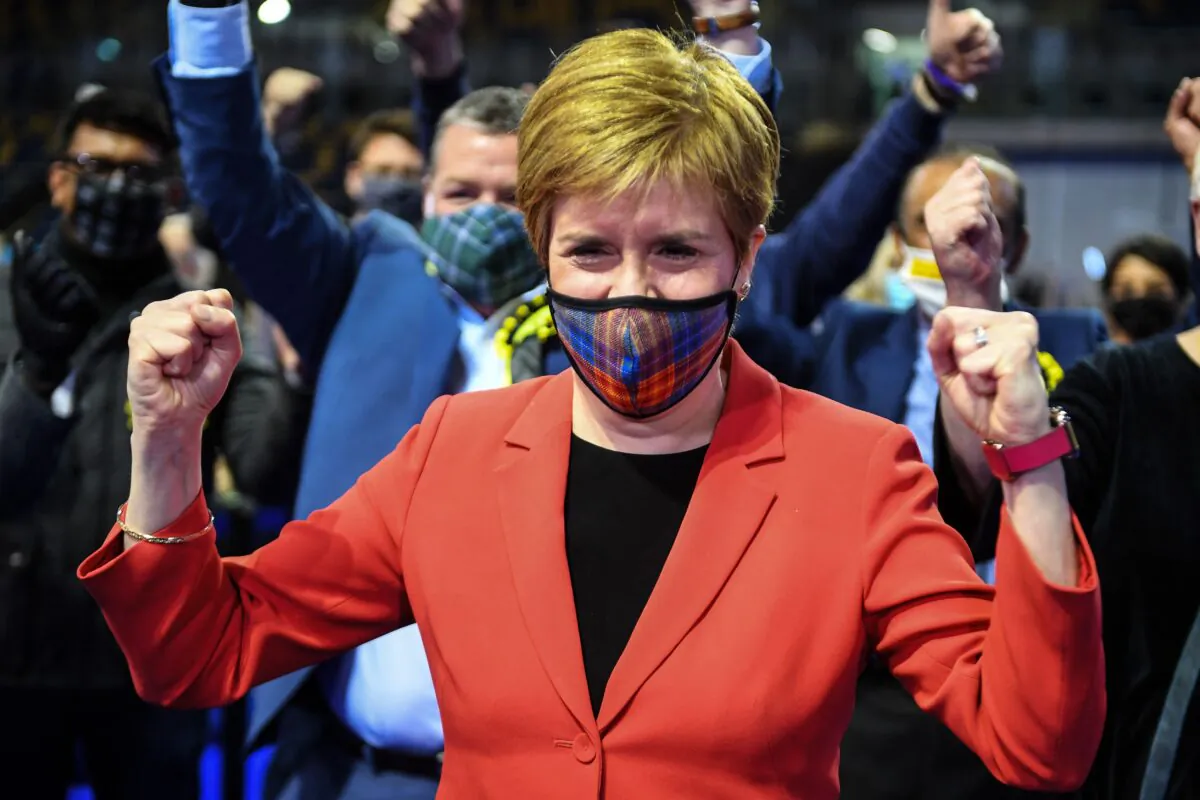 Scotland's First Minister and leader of the Scottish National Party Nicola Sturgeon reacts after being declared the winner of the Glasgow Southside seat at Glasgow counting centre in the Emirates Arena in Glasgow, on May 7, 2021. (Andy Buchanan/AFP via Getty Images)