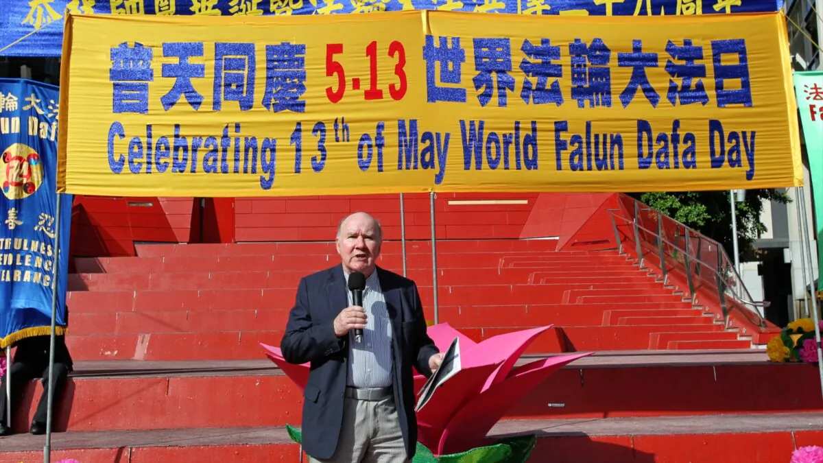 Peter Westmore, former president of the National Civic Council speaks at the World Falun Dafa Day event in Melbourne, Australia on May 8, 2021. (Chen Ming/Epoch Times)