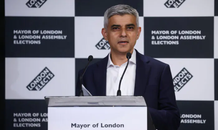 Mayor of London Sadiq Khan speaks after being reelected in the London mayoral election, at the City Hall in London on May 8, 2021. (Henry Nicholls/Reuters)