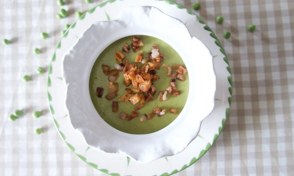 This refreshing, bright green soup is made even better with crisp pancetta and croutons on top. (Victoria de la Maza)