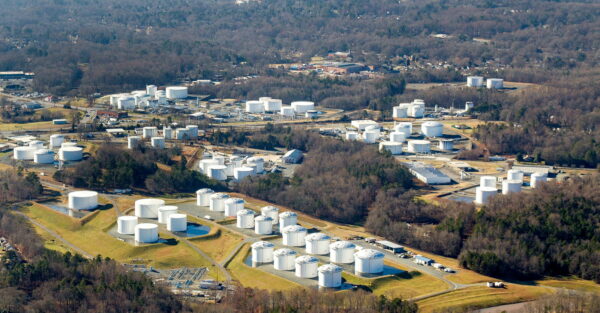 Holding tanks are seen at Colonial Pipeline's