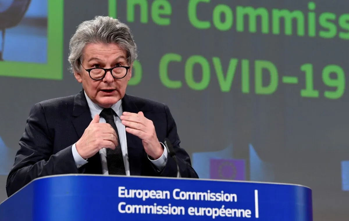 EU commissioner for internal market and consumer protection, industry, research and energy Thierry Breton speaks during a press conference following a college meeting to introduce draft legislation on a common EU COVID-19 vaccination certificate at the EU headquarters in Brussels, Belgium, on March 17, 2021. (John Thys/Pool via Reuters)