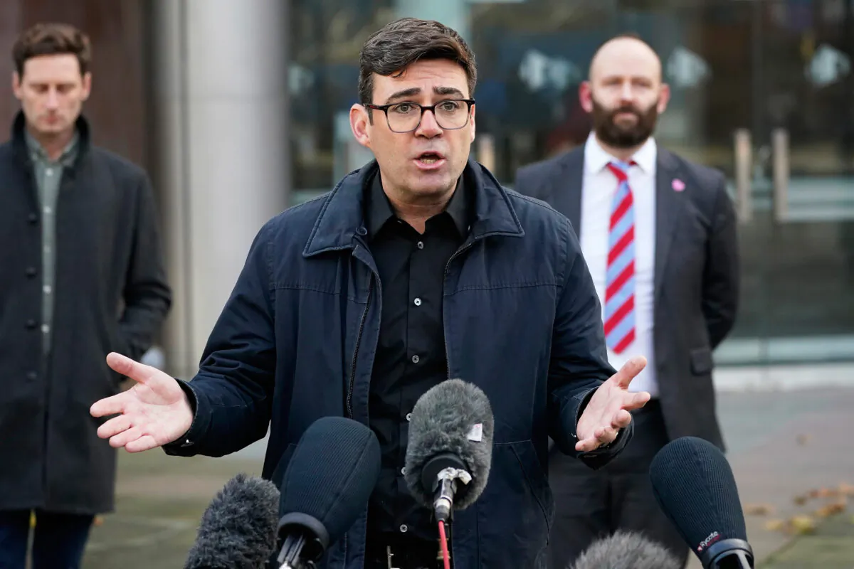 Greater Manchester Mayor Andy Burnham speaks to the media outside Bridgewater Hall, in the shadow of the North West Nightingale Hospital at Manchester Central, in Manchester, England, on Oct. 20, 2020. (Christopher Furlong/Getty Images)