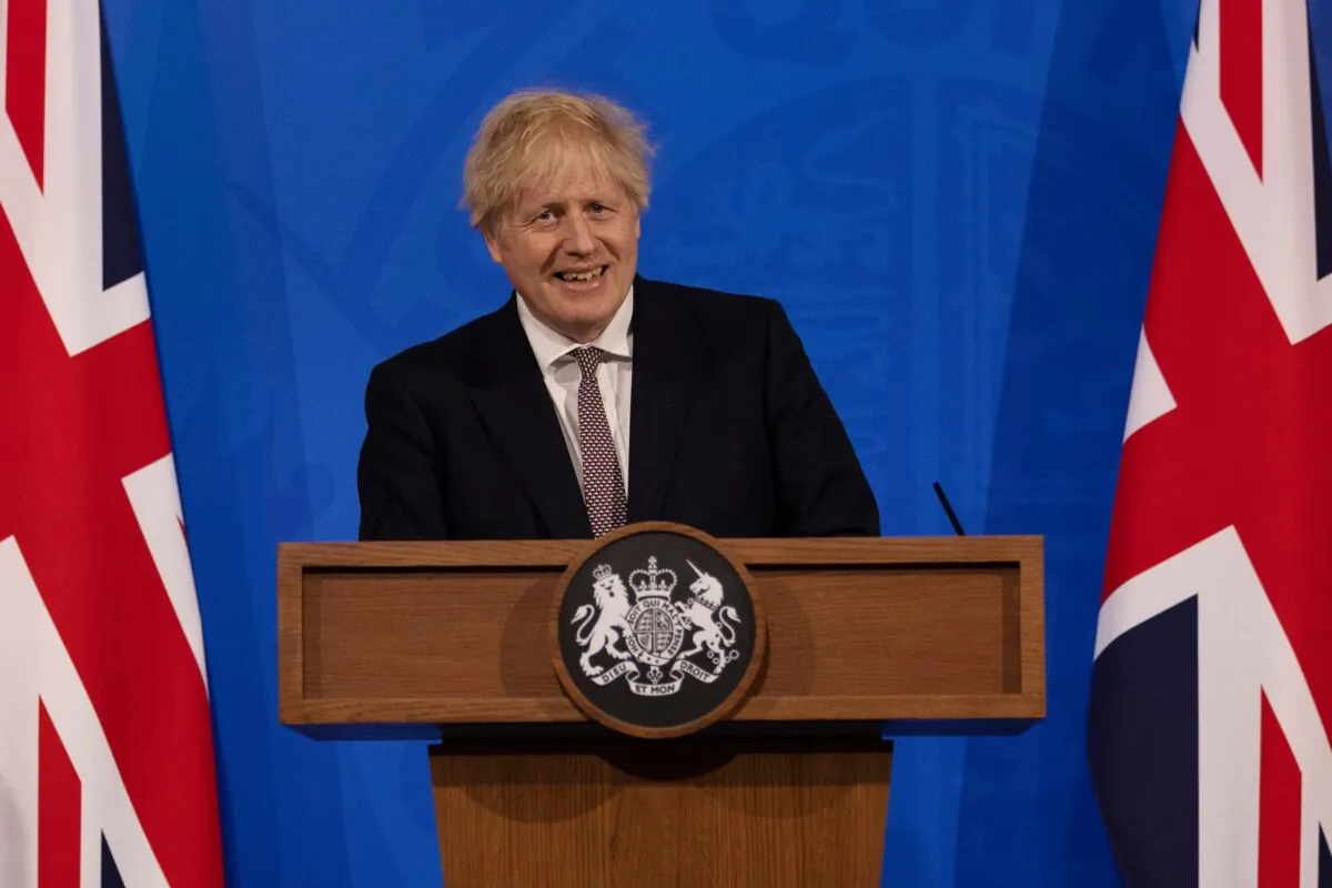 Britain's Prime Minister Boris Johnson attends a virtual press conference to announce changes to lockdown rules in England at Downing Street, London, on May 10, 2021. (Dan Kitwood-WPA Pool/Getty Images)