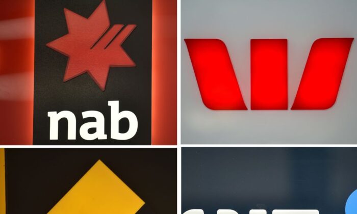 This combination of photos taken show the signs of the "big four" Australian banks in Sydney, Australia, on Nov. 30, 2017. (Peter Parks/AFP via Getty Images)