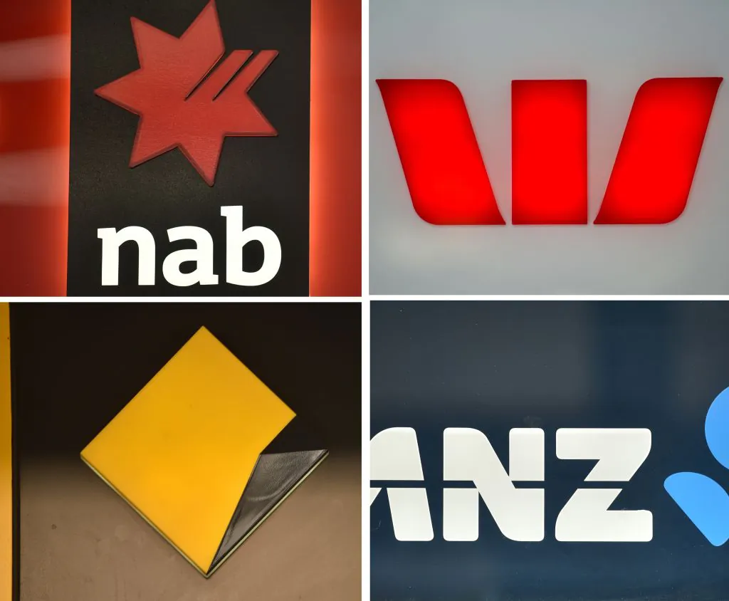 This combination of photos taken show the signs of the "Big Four" Australian banks in Sydney, Australia, on Nov. 30, 2017. (Peter Parks/AFP via Getty Images)