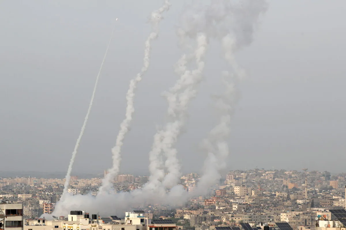 Rockets are launched by Palestinian militants into in Gaza, Israel, on May 10, 2021. (Mohammed Salem/Reuters)