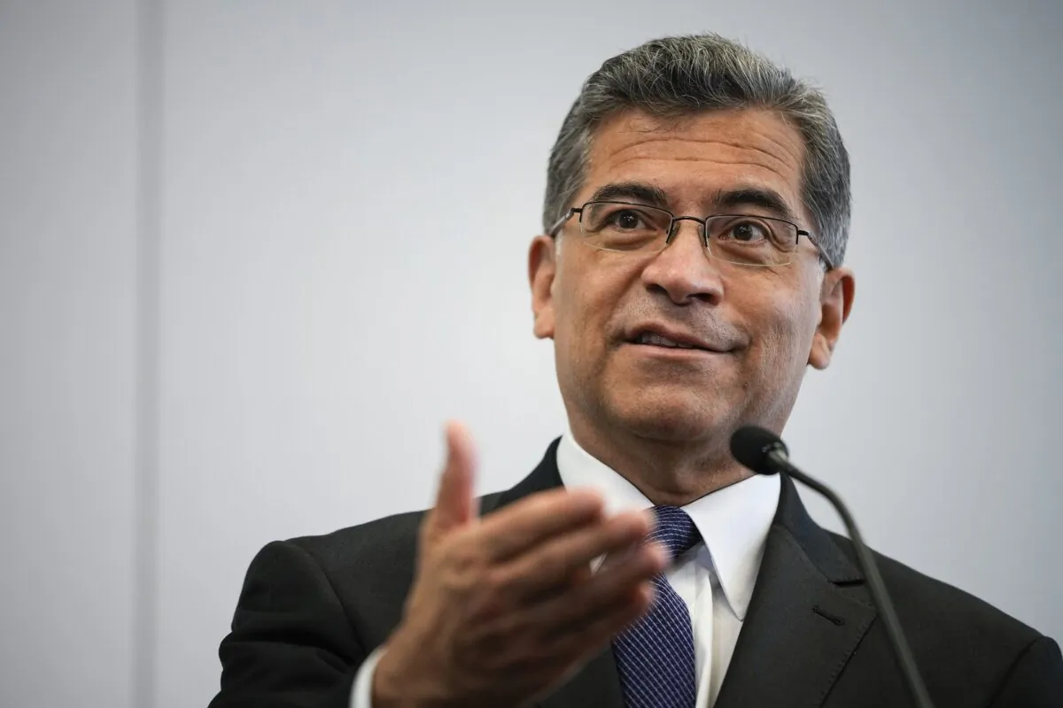 Secretary of Health and Human Services Xavier Becerra speaks to the press in Washington on May 5, 2021. (Drew Angerer/Getty Images)