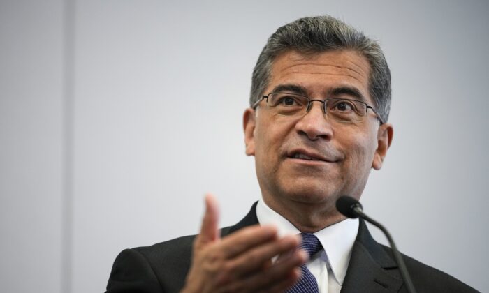 Secretary of Health and Human Services Xavier Becerra speaks to the press in Washington on May 5, 2021. (Drew Angerer/Getty Images)