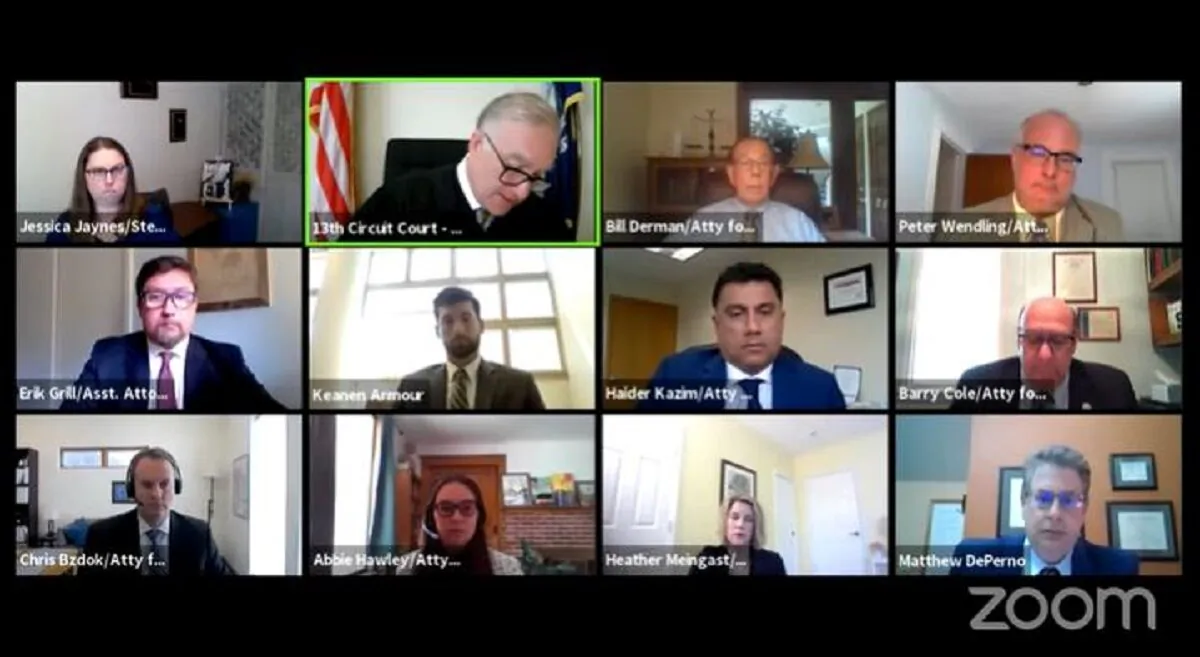 A screenshot of a remote hearing taking place in Bailey v. Antrim County on May 10, 2021. (13th Circuit Court/Screenshot via The Epoch Times)