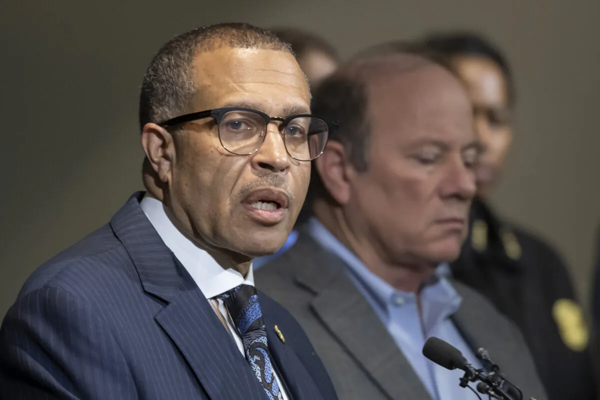 Detroit Police Chief James Craig, left, speaks to the media at Detroit Public Safety Headquarters in Detroit, Mich., on Nov. 21, 2019. (David Guralnick/Detroit News via AP)