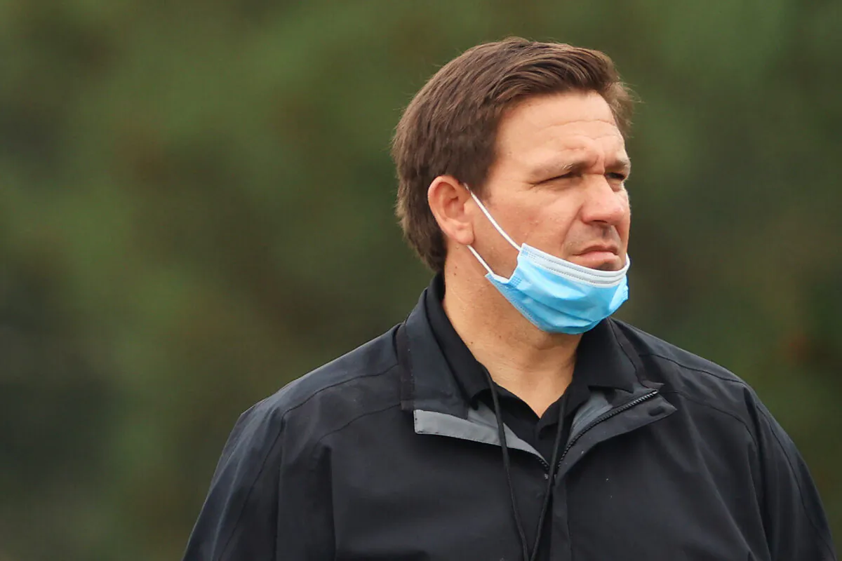Florida Gov. Ron DeSantis looks on during the third round of the Masters at Augusta National Golf Club on April 10, 2021 in Augusta, Ga. (Mike Ehrmann/Getty Images)