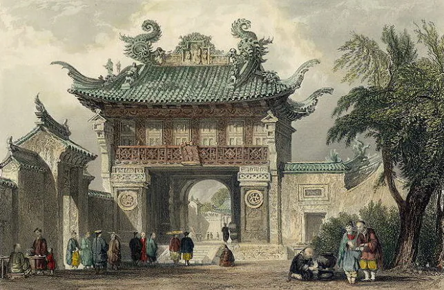 Old Zhenhai in 1860s; the entrance gate of the Temple of Confucius. (Public domain)