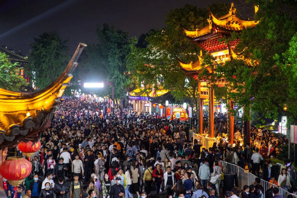 People visit Fuzimiao, also called Confucian Temple, in Nanjing, Jiangsu Province, on May 4, 2021. (STR/AFP via Getty Images)