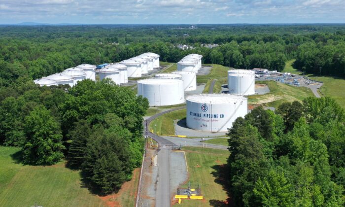 Holding tanks are seen in an aerial photograph at Colonial Pipeline's Charlotte Tank Farm in Charlotte, N.C., on May 10, 2021. (Drone Base/Reuters)