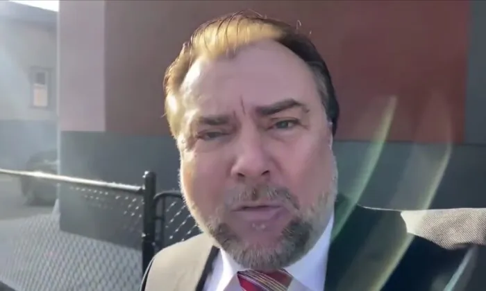 Pastor Artur Pawlowski moments after he drove police on a COVID-19 check out of his church in Calgary, Canada, on April 3, 2021. (Screenshot YouTube via The Epoch Times)