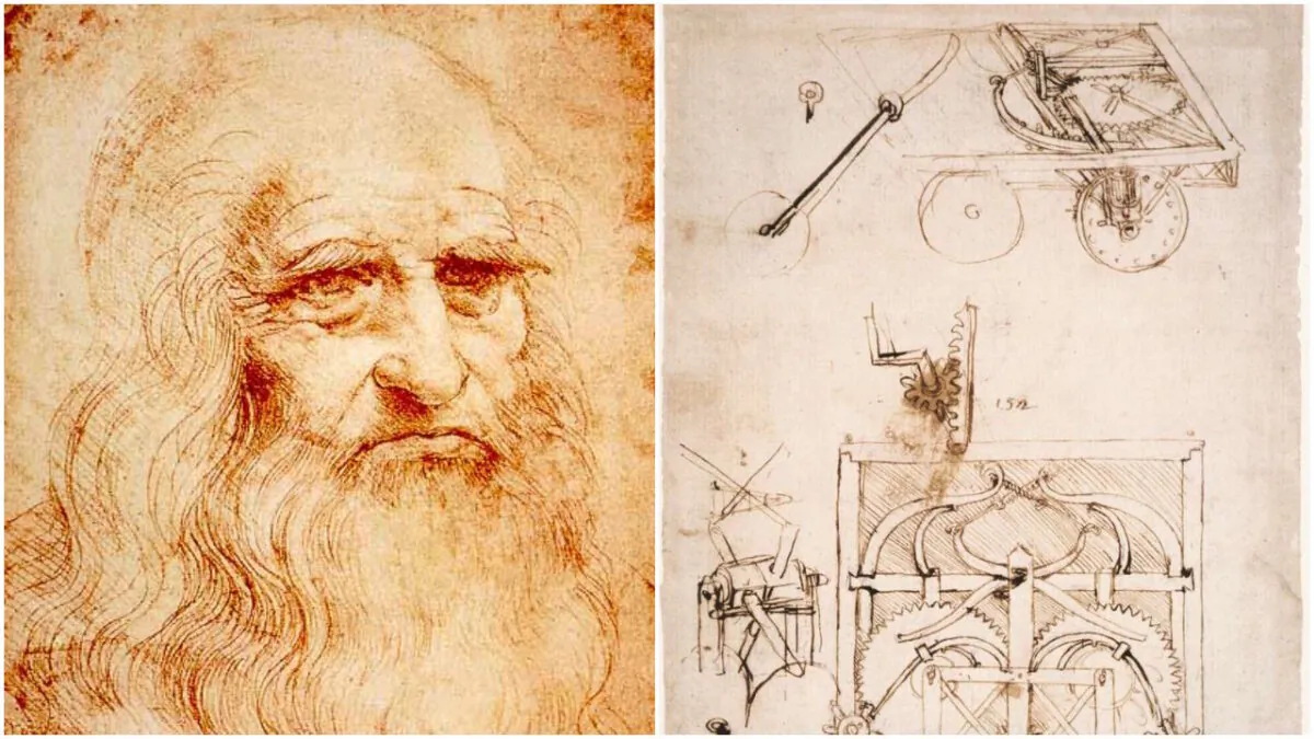 (L) Presumed self-portrait of Leonardo da Vinci, circa 1510-1515. (R) Sketches of an automobile by Leonardo da Vinci, circa 1480. (Public domain)