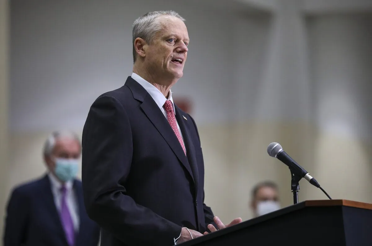 Massachusetts Governor Charlie Baker speaks to the press at the Hynes Convention Center FEMA Mass Vaccination Site in Boston, Mass., on March 30, 2021. (Erin Clark-Pool/Getty Images)