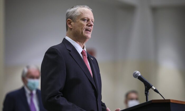 Massachusetts Governor Charlie Baker speaks to the press at the Hynes Convention Center FEMA Mass Vaccination Site in Boston, Mass., on March 30, 2021. (Erin Clark-Pool/Getty Images)