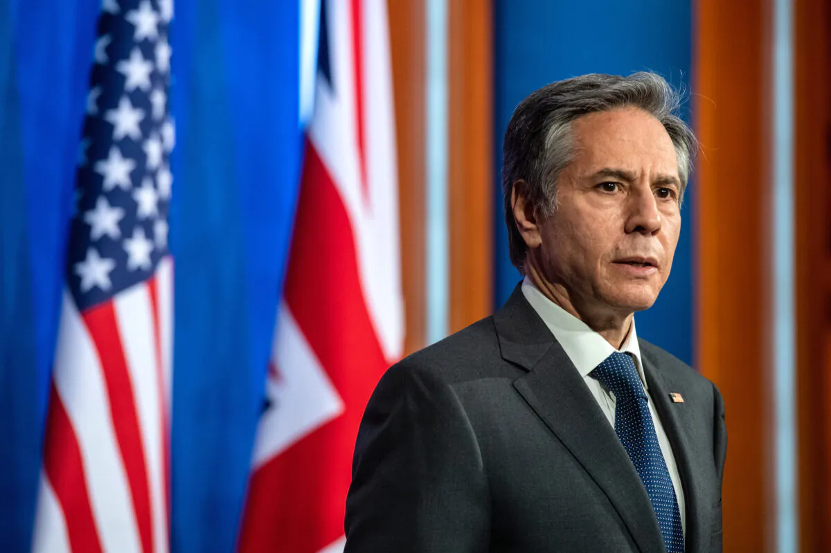 U.S. Secretary of State, Antony Blinken, during a press conference in London on May 3, 2021. (Chris J Ratcliffe/Getty Images)
