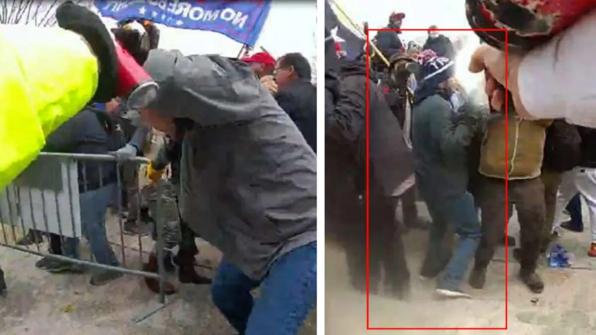 Julian Khater (left) is observed holding a canister in his right hand; Khater (right) is again observed spraying a substance in the direction of law enforcement officers in Washington, on Jan. 6, 2021. (Courtesy of Department of Justice)
