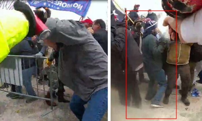 Julian Khater (left) is observed holding a canister in his right hand; Khater (right) is again observed spraying a substance in the direction of law enforcement officers in Washington, on Jan. 6, 2021. (Courtesy of Department of Justice)