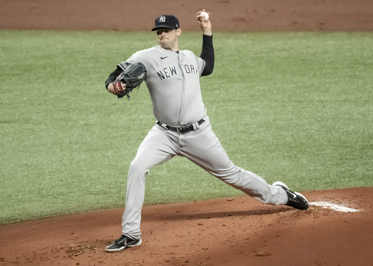 New York Yankees starter Jordan Montgomery pitches against the Tampa Bay Rays during the first inning of a baseball game in St. Petersburg, Fla., on May 11, 2021. (Steve Nesius/AP Photo)