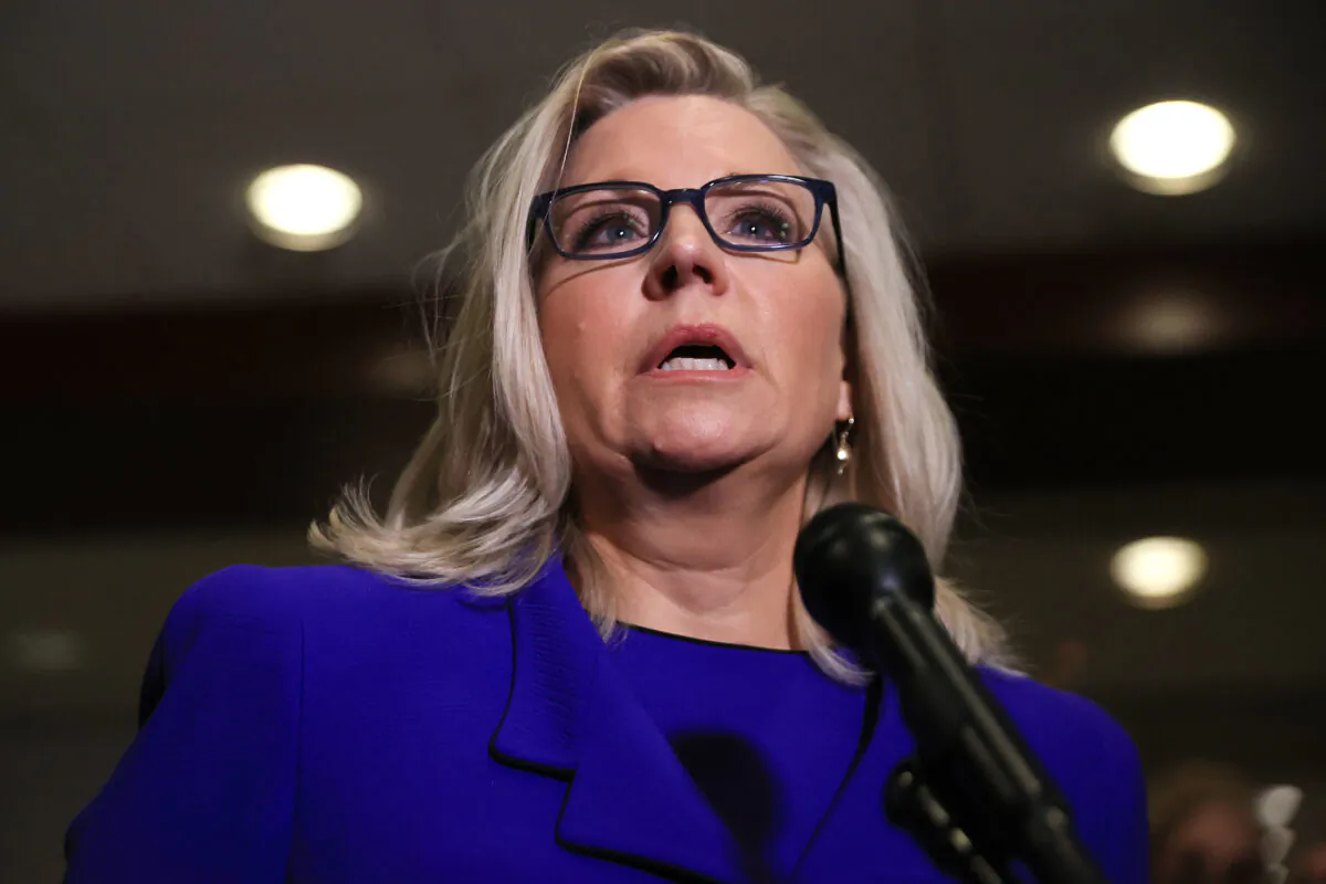 Rep. Liz Cheney (R-Wyo.) talks to reporters after House Republicans voted to remove her as conference chair in the U.S. Capitol Visitors Center in Washington, on May 12, 2021. (Chip Somodevilla/Getty Images)
