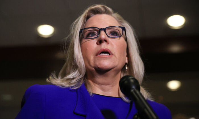 Rep. Liz Cheney (R-Wyo.) talks to reporters after House Republicans voted to remove her as conference chair in the U.S. Capitol Visitors Center in Washington, on May 12, 2021. (Chip Somodevilla/Getty Images)