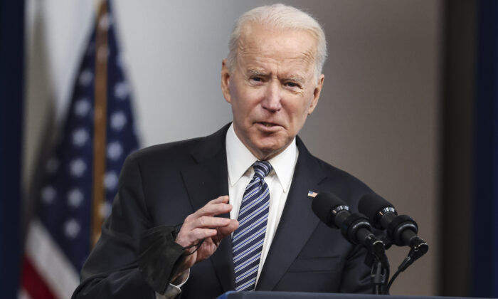 President Joe Biden delivers remarks from the South Court Auditorium at the White House in Washington on May 12, 2021. (Oliver Contreras/Sipa USA)