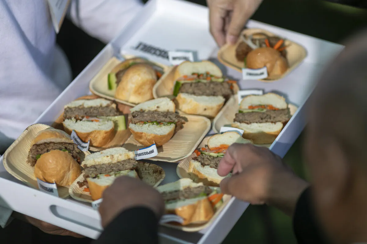 Impossible Pork, a new plant-based pork product by Impossible Foods, is served at the 2020 Consumer Electronics Show (CES) in Las Vegas, Nev., on Jan. 9, 2020. (David McNew/AFP via Getty Images)
