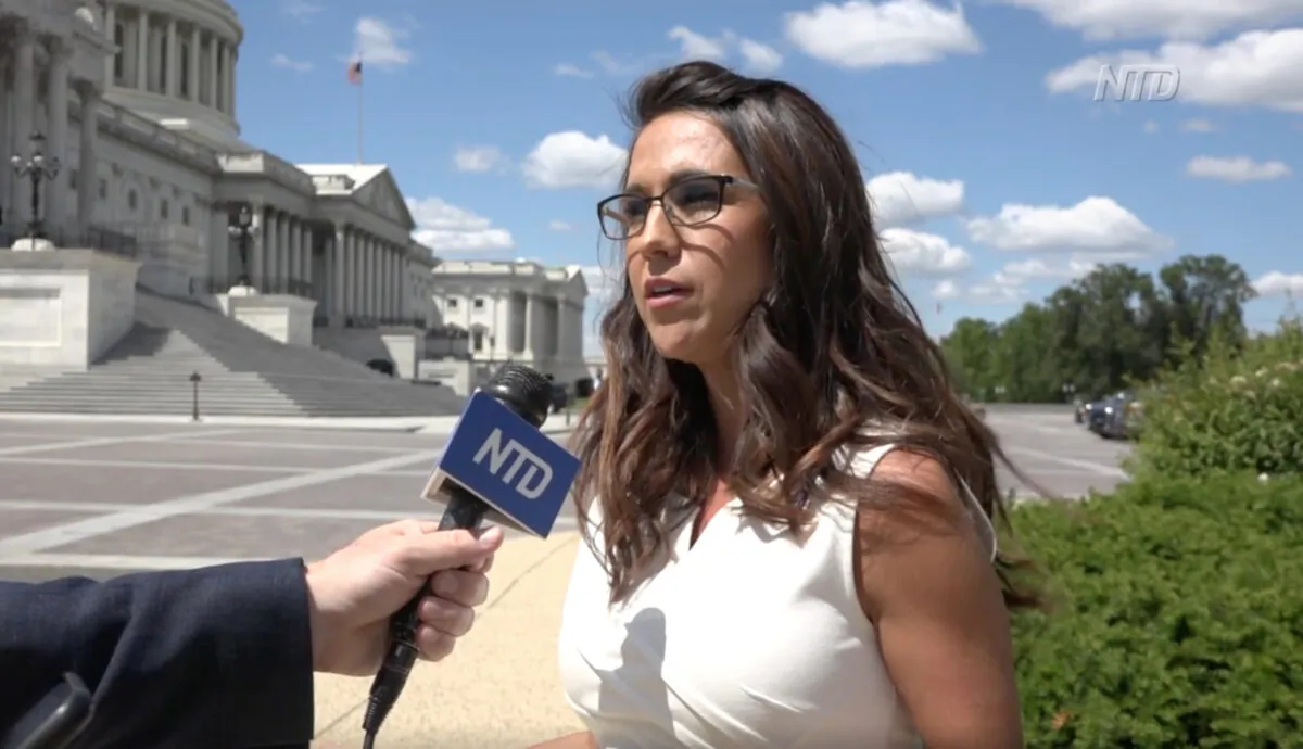 In a still from a video by NTD, Rep. Lauren Boebert (R-Colo.) speaks to an NTD reporter at the U.S. Capitol in Washington, on May 12, 2021. (NTD)