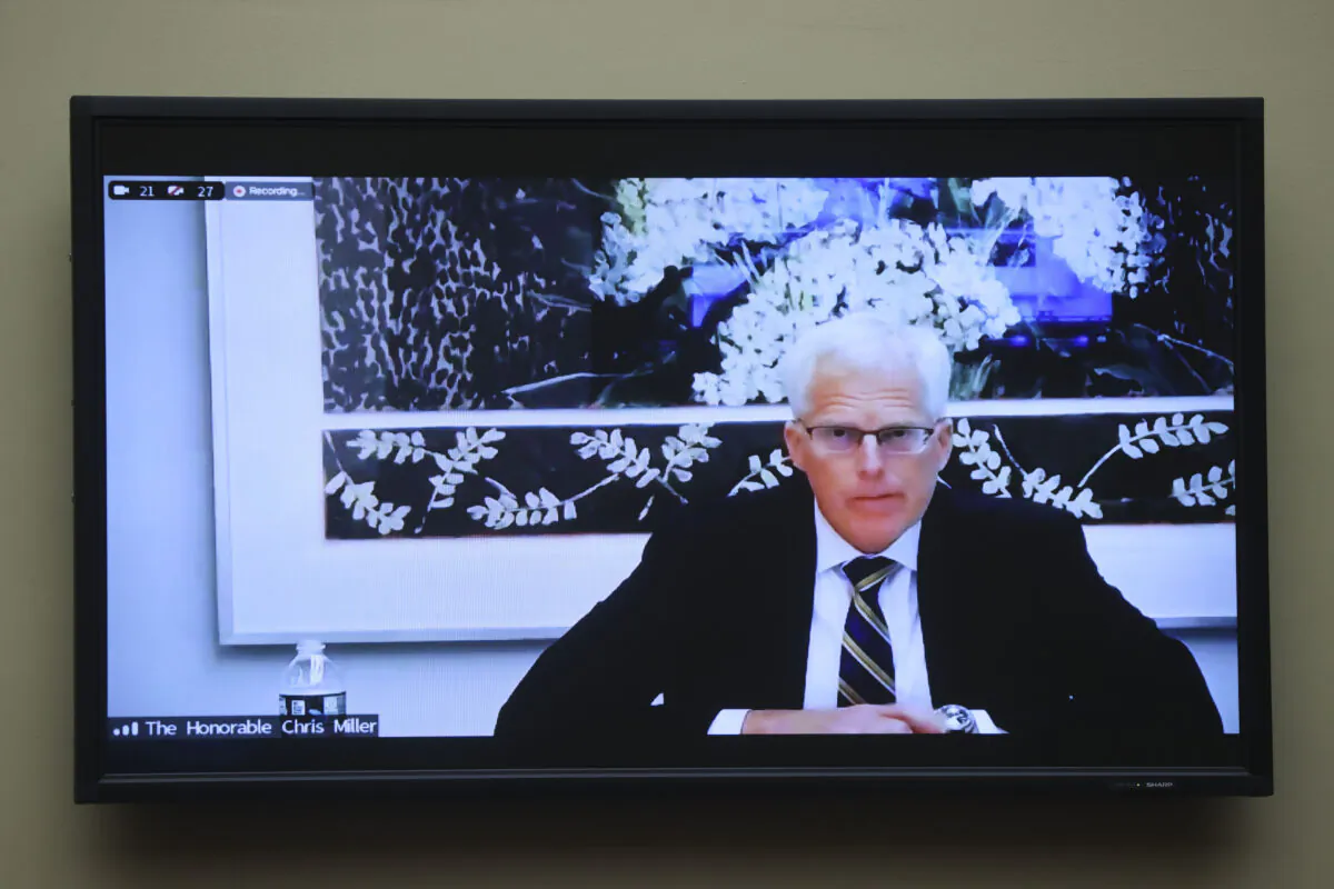 Former acting Defense Secretary Christopher Miller testifies remotely during a House Oversight and Reform Committee regarding the on Jan. 6 attack on the U.S. Capitol, on Capitol Hill in Washington on May 12, 2021. (Jonathan Ernst/Pool via AP)