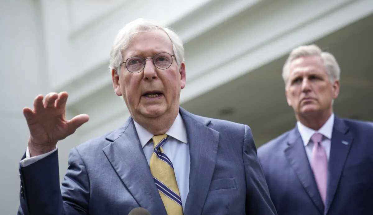 Senate Minority Leader Mitch McConnell (R-Ky.) (L) and House Minority Leader Kevin McCarthy (R-Calif.) speak to reporters outside the White House after a meeting with President Joe Biden in Washington on May 12, 2021. (Drew Angerer/Getty Images)