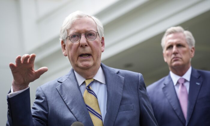 Senate Minority Leader Mitch McConnell (R-Ky.) (L) and House Minority Leader Kevin McCarthy (R-Calif.) speak to reporters outside the White House after a meeting with President Joe Biden in Washington on May 12, 2021. (Drew Angerer/Getty Images)