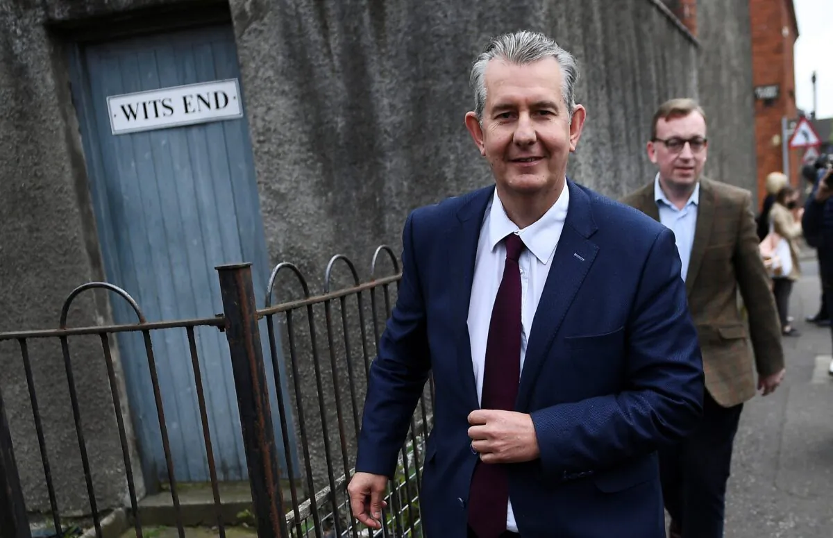 Northern Ireland's agriculture minister Edwin Poots walks outside the Democratic Unionist Party (DUP) headquarters during a vote to replace former First Minister Arlene Foster in Belfast, Northern Ireland, Britain, on May 14, 2021. (Clodagh Kilcoyne/Reuters)