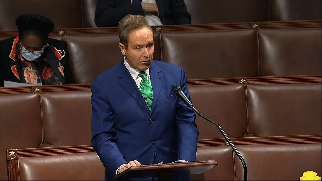 In this image from video, Rep. Brian Higgins, D-N.Y., speaks on the floor of the House of Representatives at the U.S. Capitol in Washington, on April 23, 2020. A U.S. lawmaker who has made a political crusade out of getting the border with Canada reopened is once again pressing his case with President Joe Biden. (AP-House Television Via AP/ The Canadian Press)