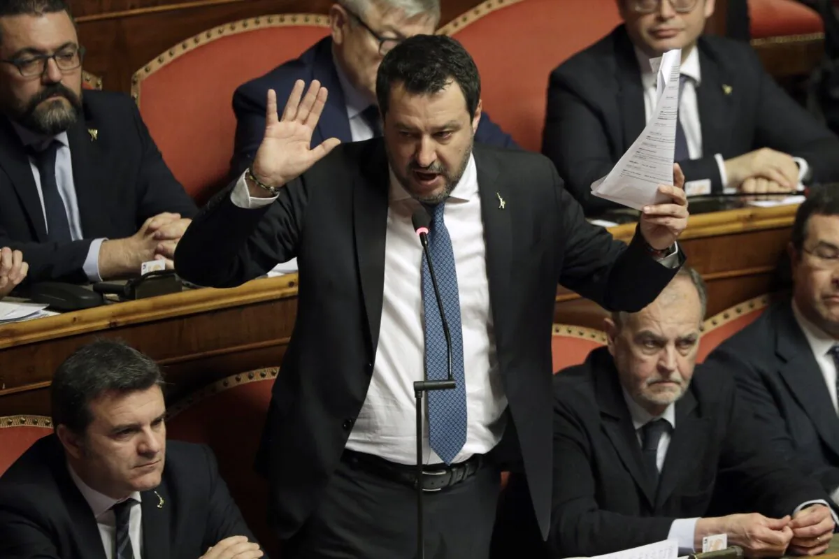 Then opposition leader Matteo Salvini speaks at the end of the debate at the Italian Senate on whether to allow him to be prosecuted, as he demands to be, for alleging holding migrants hostage for days aboard coast guard ship Gregoretti instead of letting them immediately disembark in Sicily, while he was interior minister, in Rome, Feb. 12, 2020. (Andrew Medichini, file/AP Photo)
