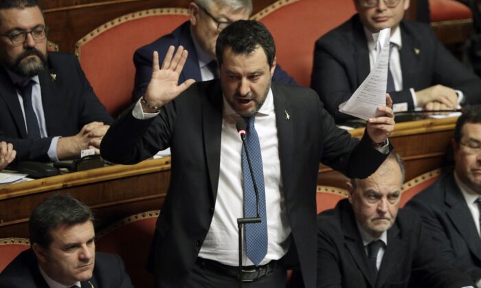 Then opposition leader Matteo Salvini speaks at the end of the debate at the Italian Senate on whether to allow him to be prosecuted, as he demands to be, for alleging holding migrants hostage for days aboard coast guard ship Gregoretti instead of letting them immediately disembark in Sicily, while he was interior minister, in Rome, Feb. 12, 2020. (Andrew Medichini, file/AP Photo)