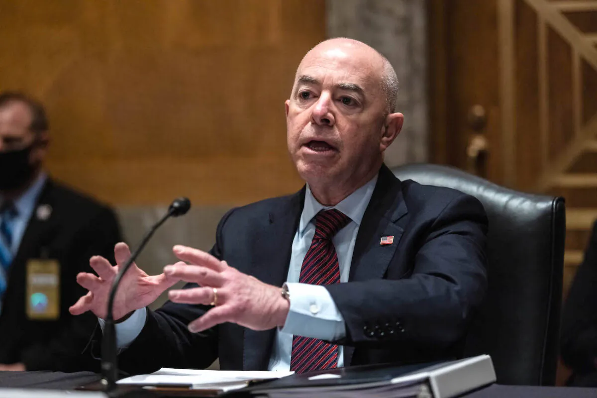 Alejandro Mayorkas, Secretary of Homeland Security, testifies during a Senate Homeland Security and Government Affairs Committee hearing on Capitol Hill in Washington, on May 13, 2021. (Graeme Jennings-Pool/Getty Images)
