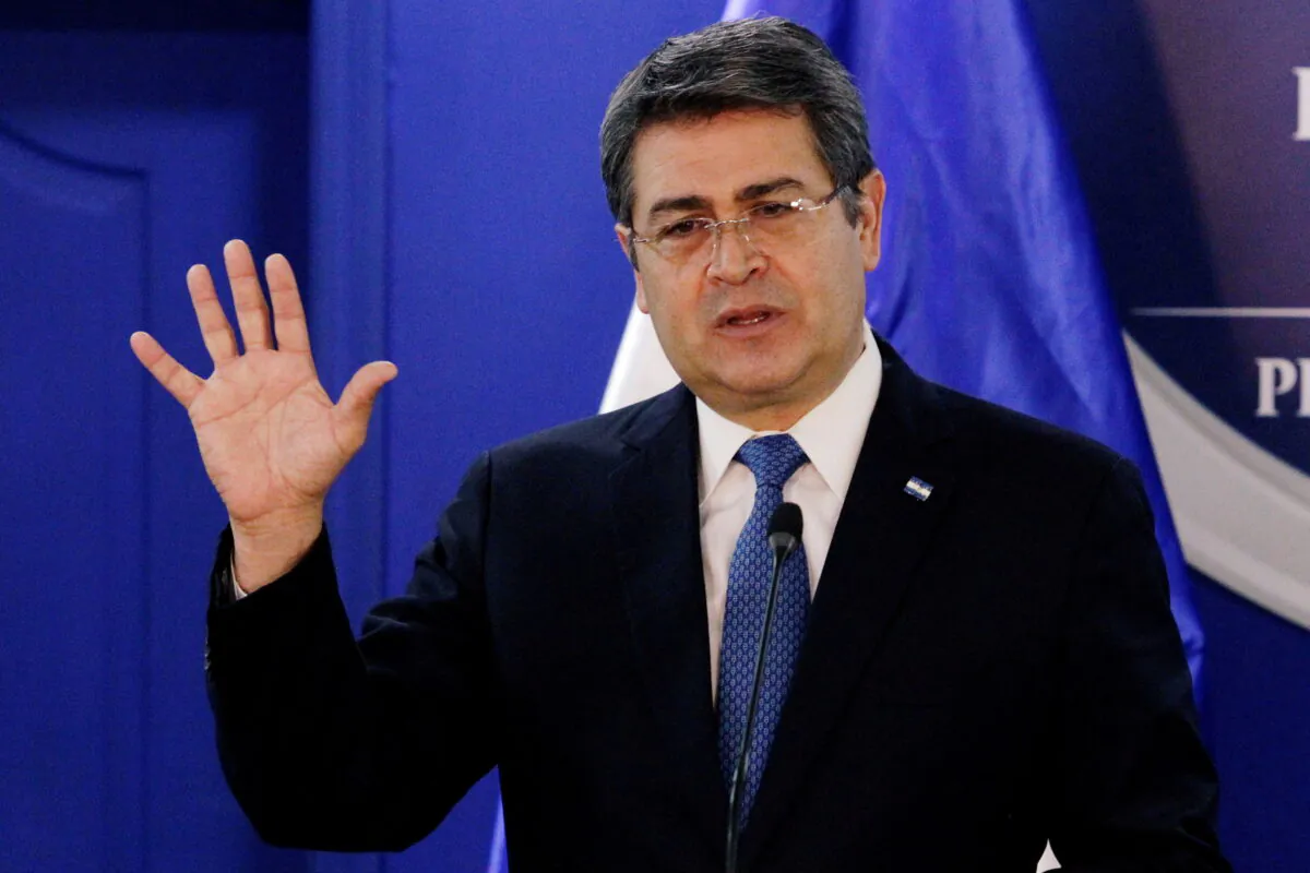 Honduras' President Juan Orlando Hernandez speaks during a joint message with U.S. Department of Homeland Security (DHS) acting Secretary Chad Wolf (not pictured), at the Presidential House in Tegucigalpa, Honduras, on Jan. 9, 2020. (Jorge Cabrera/Reuters)