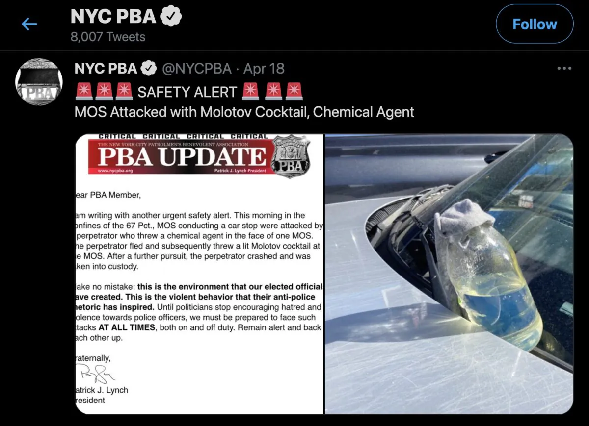 New York police officers were hit with liquid chemicals and Molotov cocktails during a traffic stop in Brooklyn on April 17, 2021. (NYPD/Twitter)