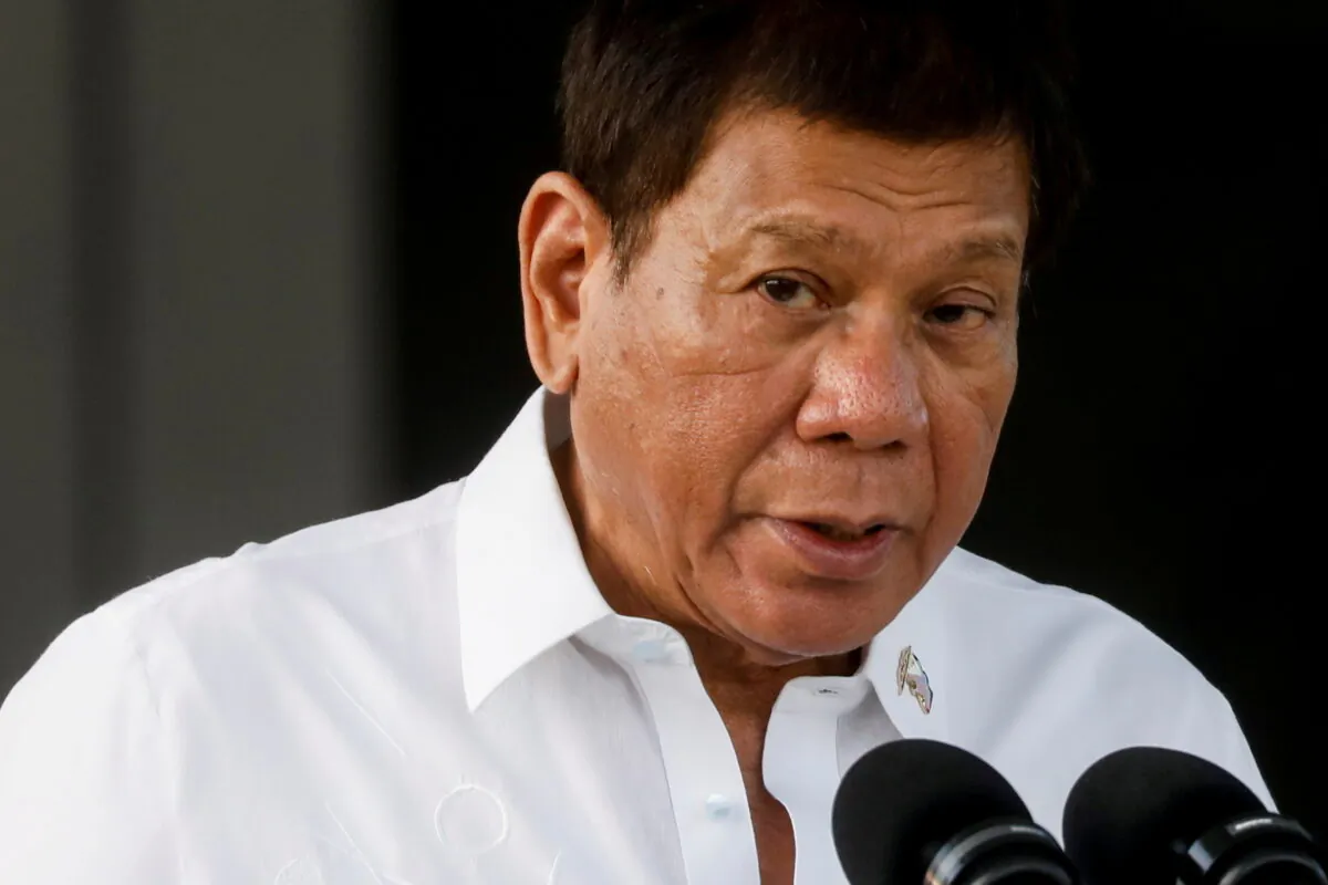 Philippine President Rodrigo Duterte speaks during the arrival ceremony for the first COVID-19 vaccines to arrive in the country, at Villamor Air Base in Pasay, Metro Manila, Philippines, on Feb. 28, 2021. (Eloisa Lopez/Reuters/File Photo)