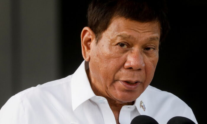 Philippine President Rodrigo Duterte speaks during the arrival ceremony for the first COVID-19 vaccines to arrive in the country, at Villamor Air Base in Pasay, Metro Manila, Philippines, on Feb. 28, 2021. (Eloisa Lopez/Reuters/File Photo)