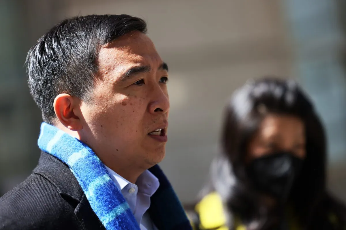 New York City mayoral candidate Andrew Yang speaks to reporters in New York City on May 11, 2021. (Michael M. Santiago/Getty Images)