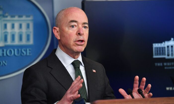 Homeland Security Secretary Alejandro Mayorkas holds a press briefing in the Brady Briefing Room of the White House in Washington, D.C., on May 11, 2021. (Nicholas Kamm/AFP via Getty Images)