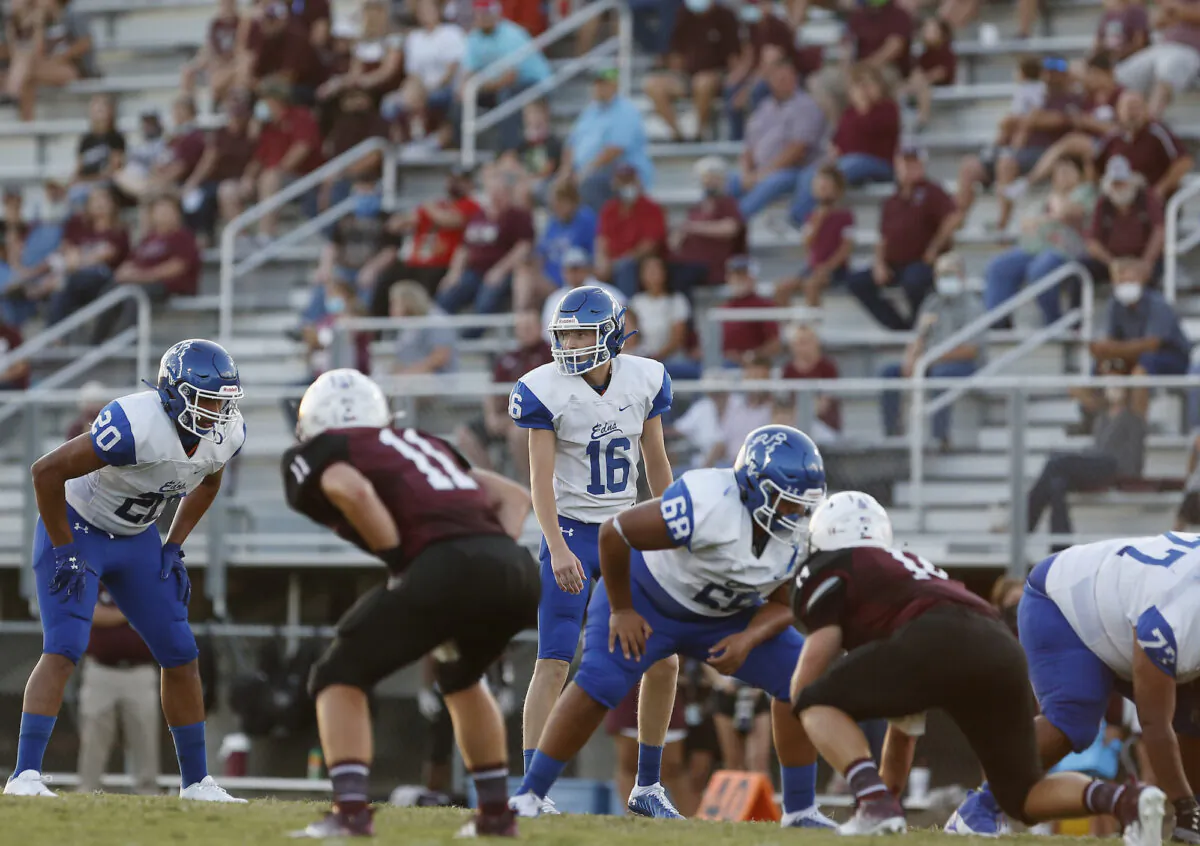 A view of the line of scrimmage in the stands during the game between the East Bernard Brahmas and the Edna Cowboys in East Bernard, Texas, on August 28, 2020. (Tim Warner/Getty Images)
