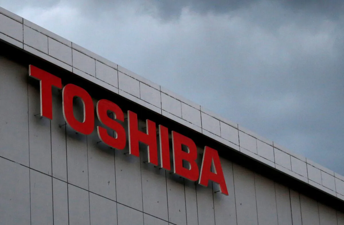 The logo of Toshiba Corp. at the company's facility in Kawasaki, Japan, on Feb. 13, 2017. (Issei Kato/Reuters)