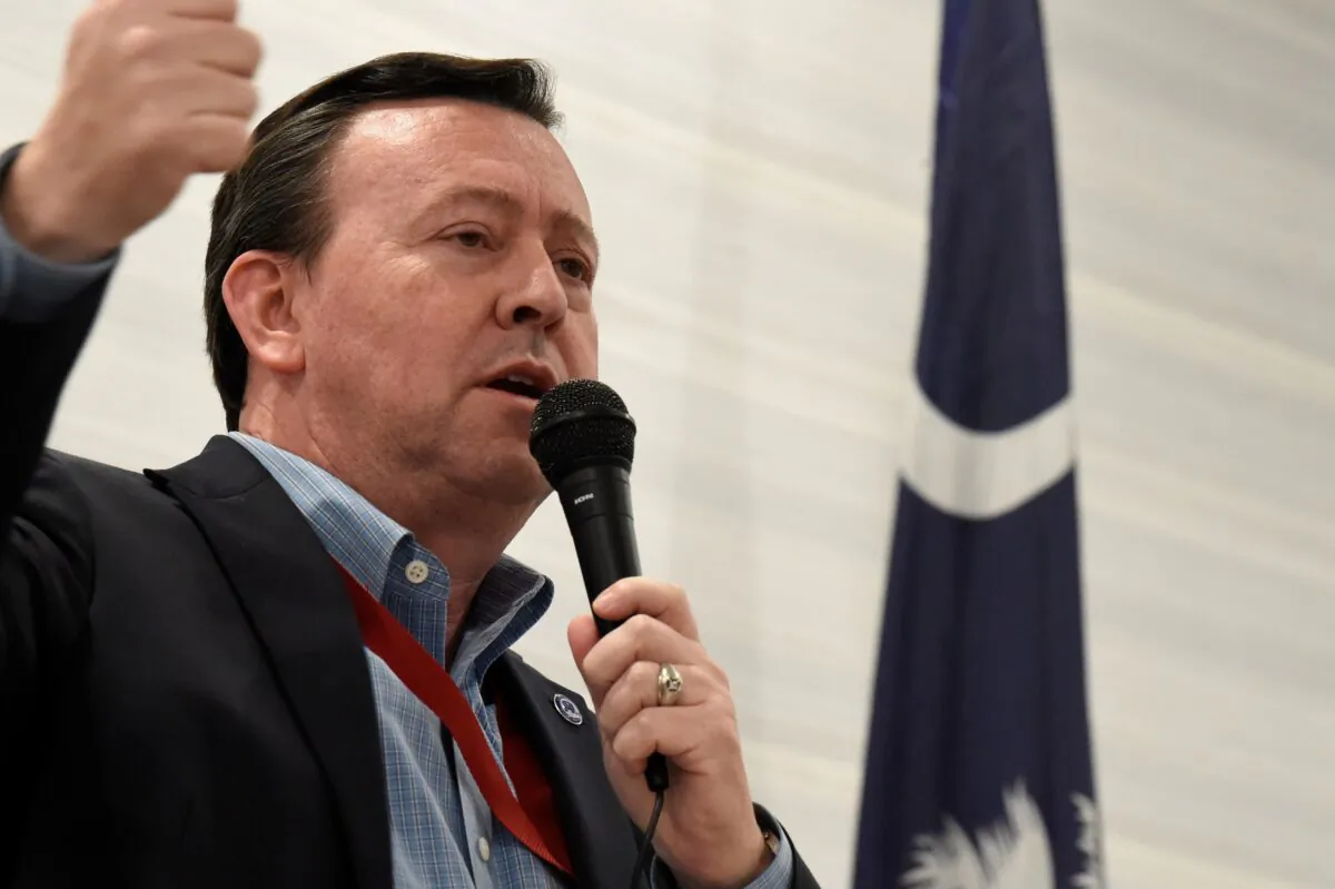 South Carolina Republican Party Chairman Drew McKissick gestures as he speaks to the Richland County GOP convention in Columbia, S.C., on April 30, 2021. (Meg Kinnard/AP Photo)