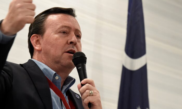 South Carolina Republican Party Chairman Drew McKissick gestures as he speaks to the Richland County GOP convention in Columbia, S.C., on April 30, 2021. (Meg Kinnard/AP Photo)